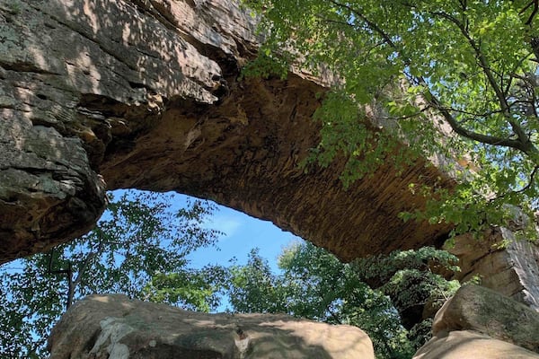 Standing under the Natural Bridge in Slade Kentucky.
Its namesake natural bridge is the centerpiece of the park. The natural sandstone arch spans 78 ft (24 m) and is 65 ft (20 m) high. The natural process of weathering formed the arch over millions of years. The park is approximately 2,300 acres (9 km2) of which approximately 1,200 acres (5 km2) is dedicated by the Office of Kentucky Nature Preserves as a nature preserve.
#Nature