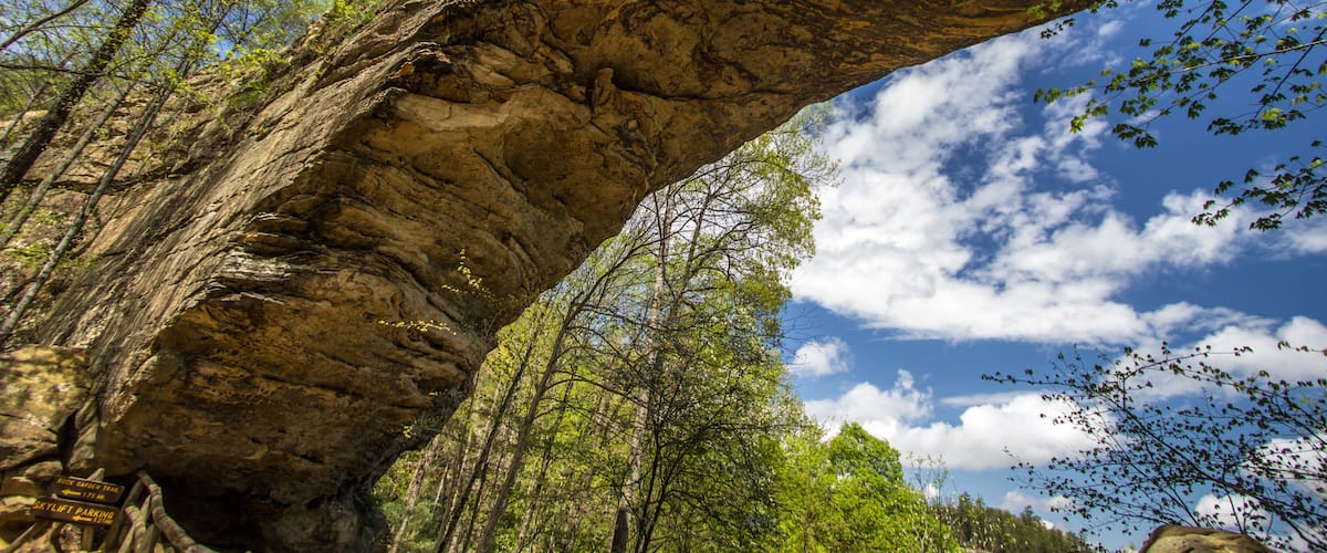 Natural Bridge Stone Arch. Visitors to Natural Bridge State Park can ride a skylift to view and walk across the sandstone arch.