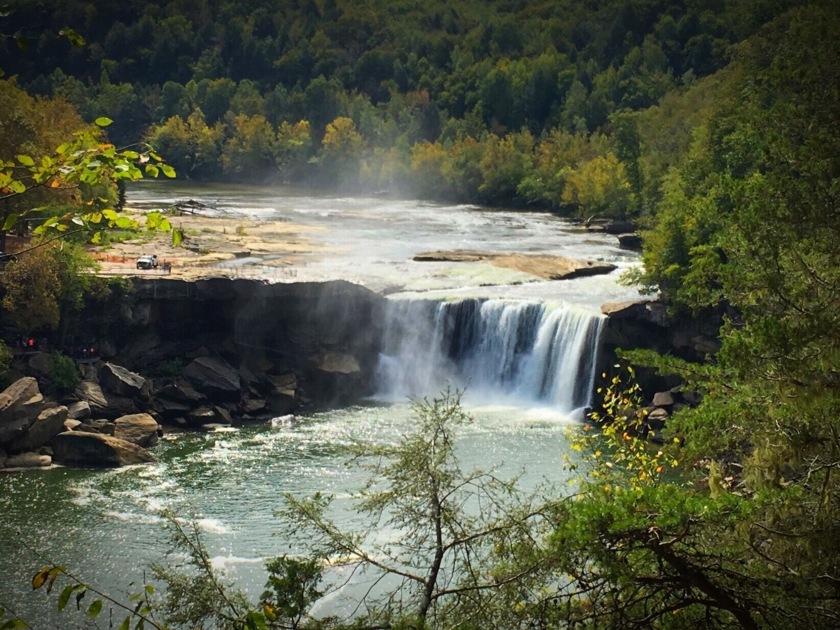A waterfall cascading over rocks into a river, surrounded by dense forest.