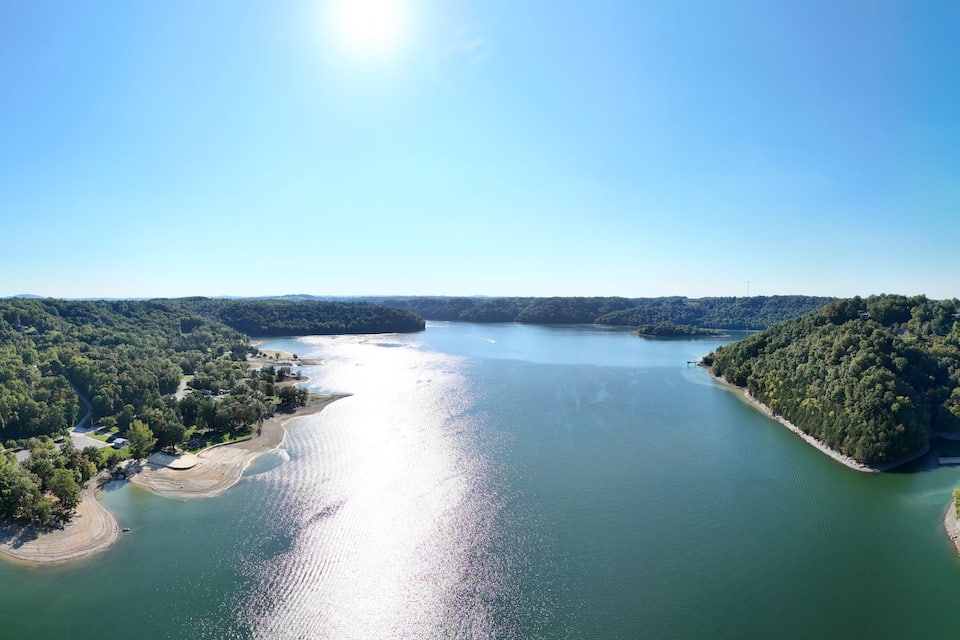 A river flanked by dense forests, a clear sky, and a distant shoreline with buildings.