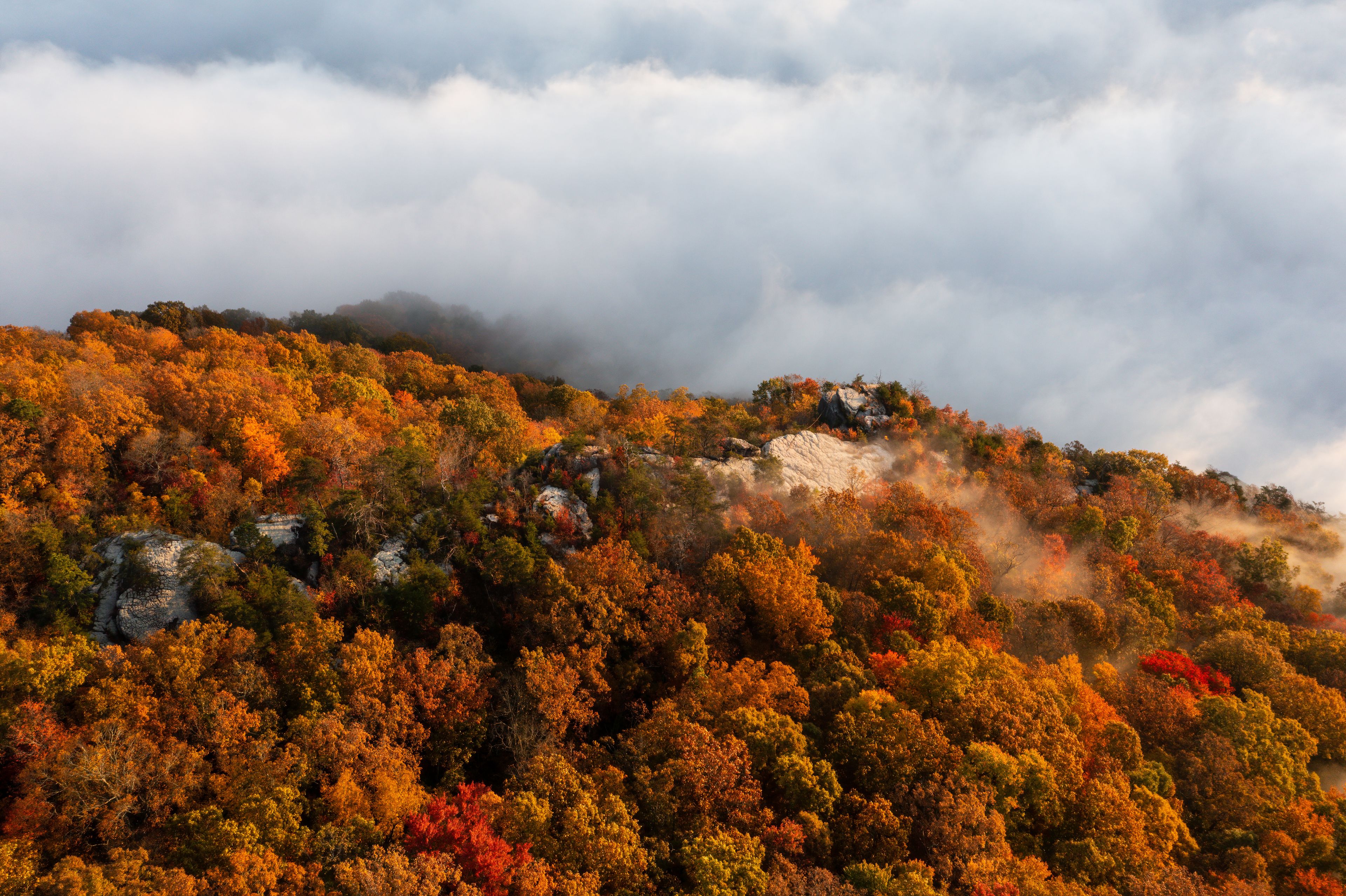 Aerial of Chained Rock in Autumn + Fog - Pine Mountain - Pine Mountain State Resort Park - Appalachian Mountain Region - Kentucky