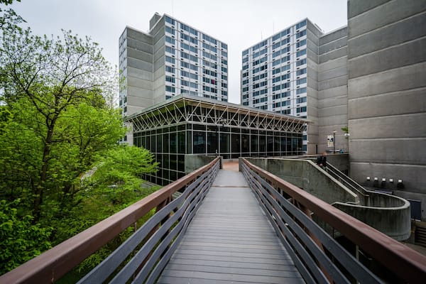 Bridge and modern buildings at Towson University, in Towson, Mar