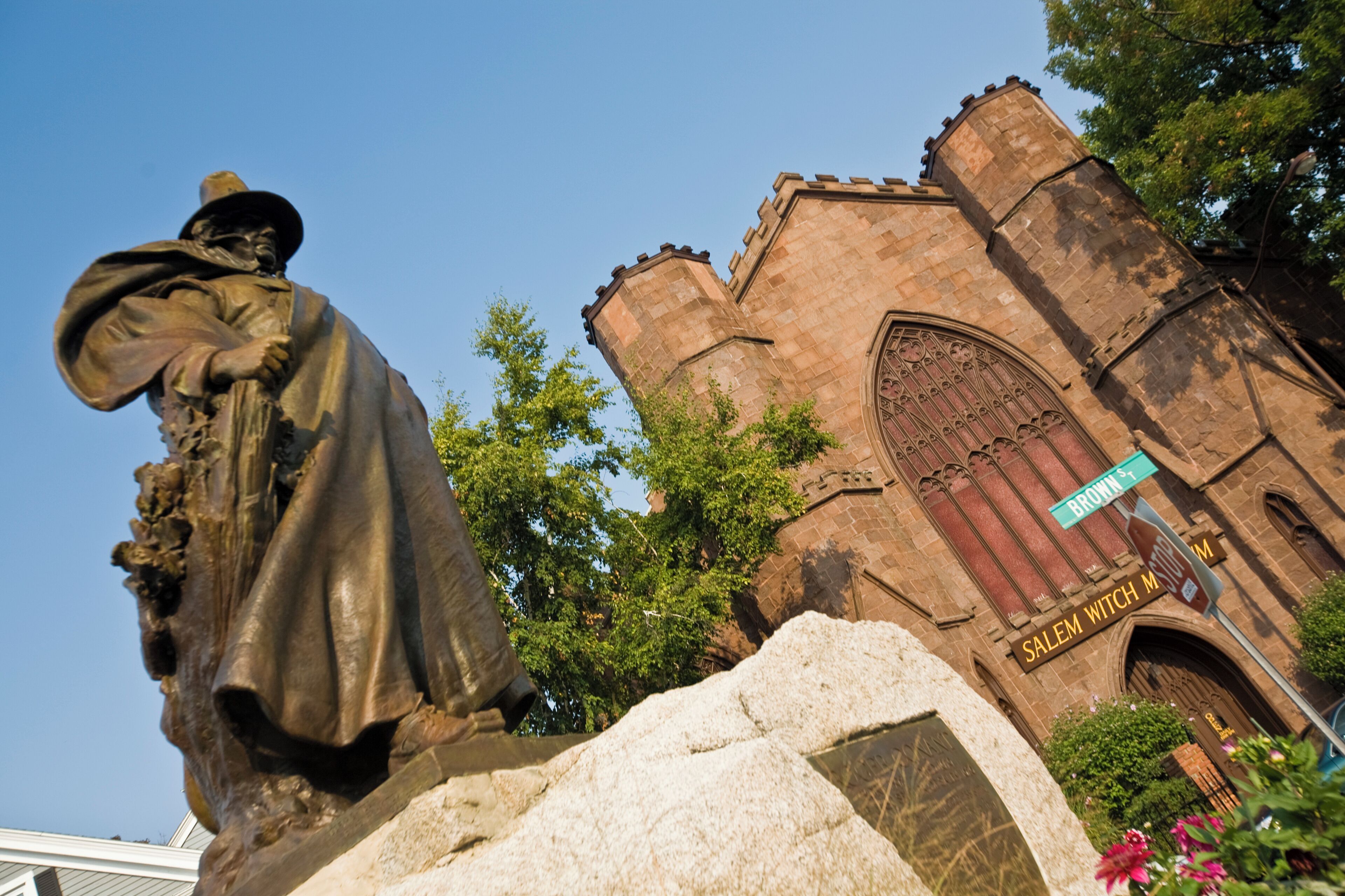 Statute of witch in front of Salem Witch Museum, Salem