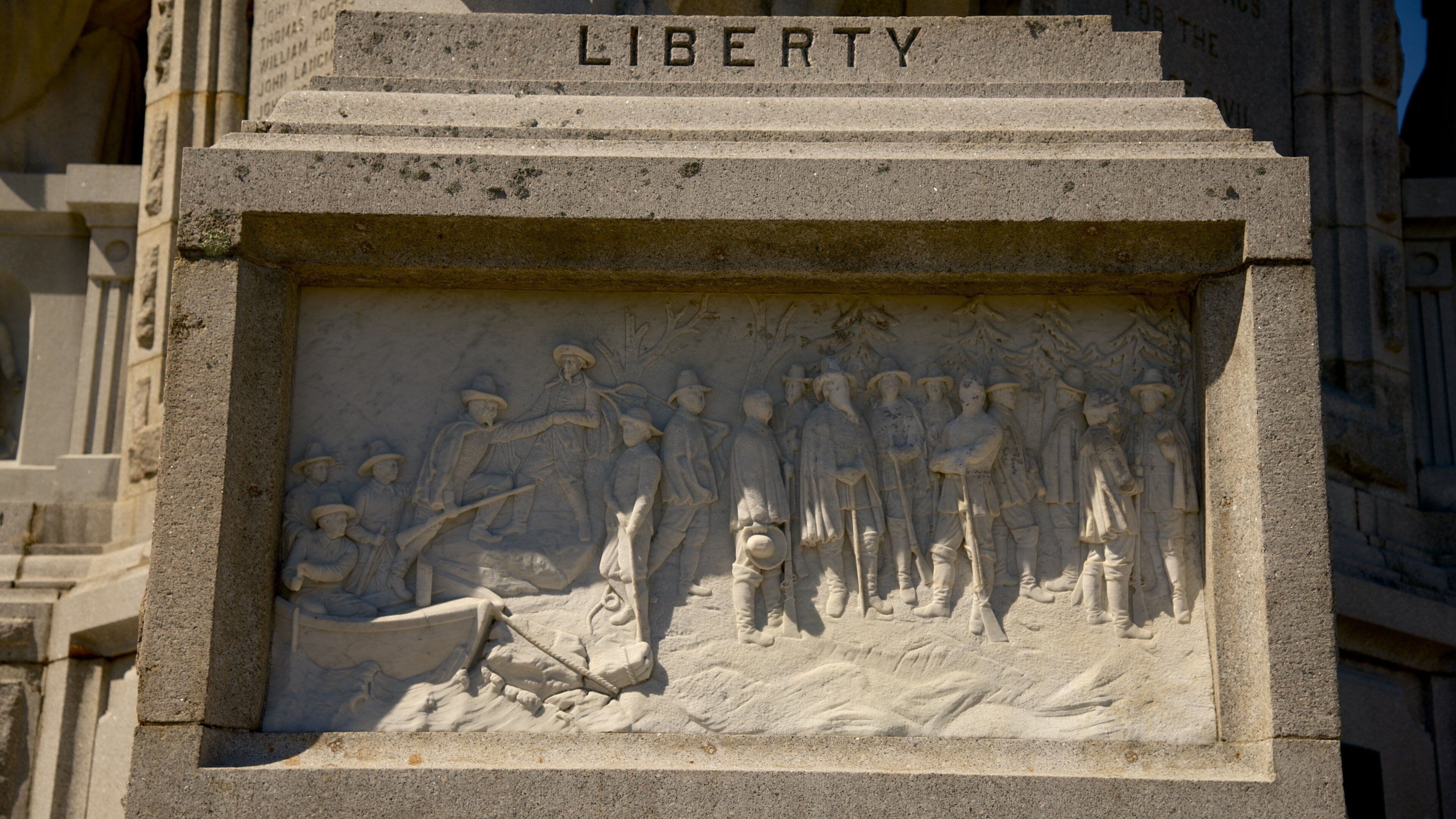 National Monument to the Forefathers showing a statue or sculpture and a monument