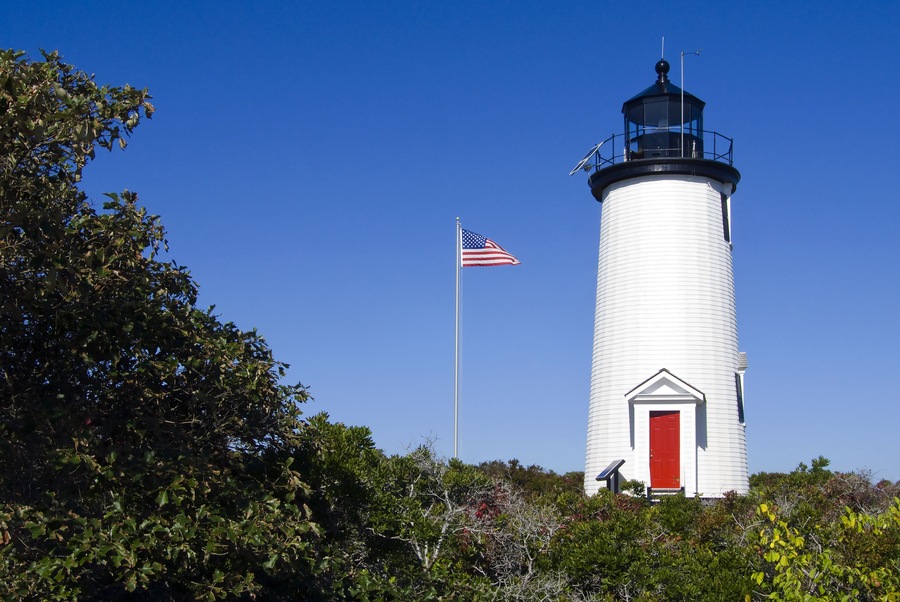 Cape Poge lighthouse is located on Chappaquiddick Island on the northeast point of the Cape Poge Wildlife Refuge, on Martha's Vineyard, Massachusetts.. ; Shutterstock ID 260289239; Purchase Order: -