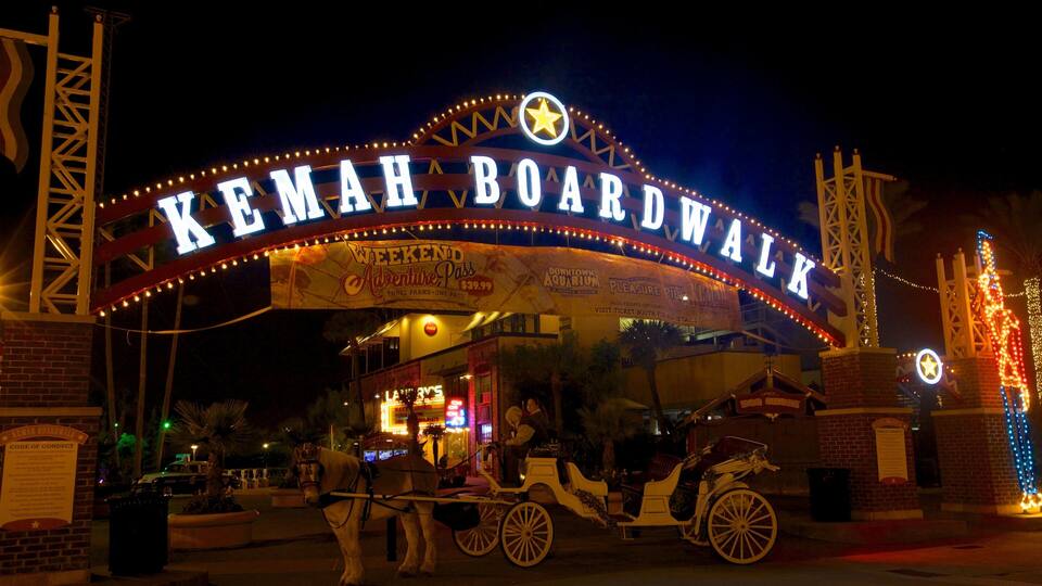 The Kemah Boardwalk entrance with illuminated signs and a horse-drawn carriage.