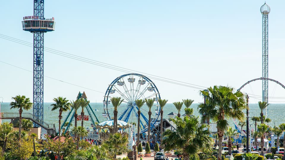 A coastal amusement park with a Ferris wheel, palm trees, and a tall observation tower.