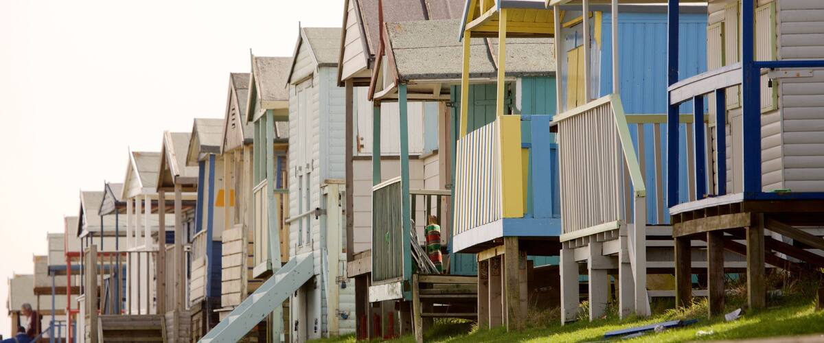 A row of colorful wooden beach huts with sloped roofs.
