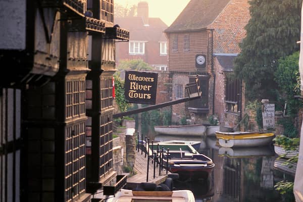 Boats moored at a canal, Canterbury, Kent, England