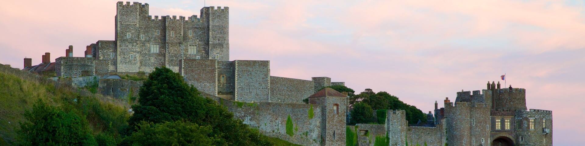 A historic castle on a grassy hill with a paved path leading to it.