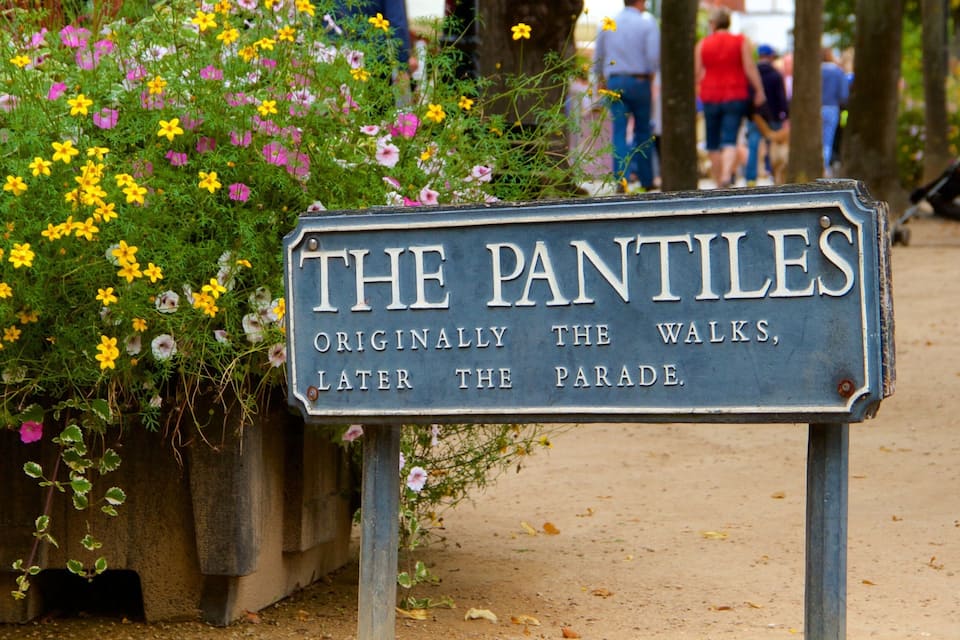 A sign with the text "THE PANTILES" and a description of its history.