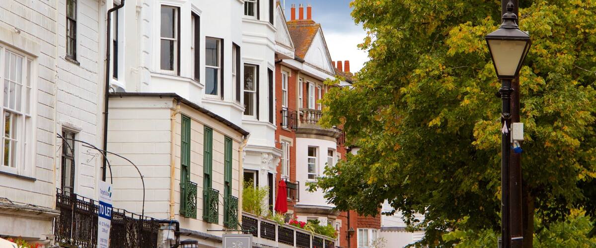 A row of Victorian-style houses with green shutters and a street lamp.