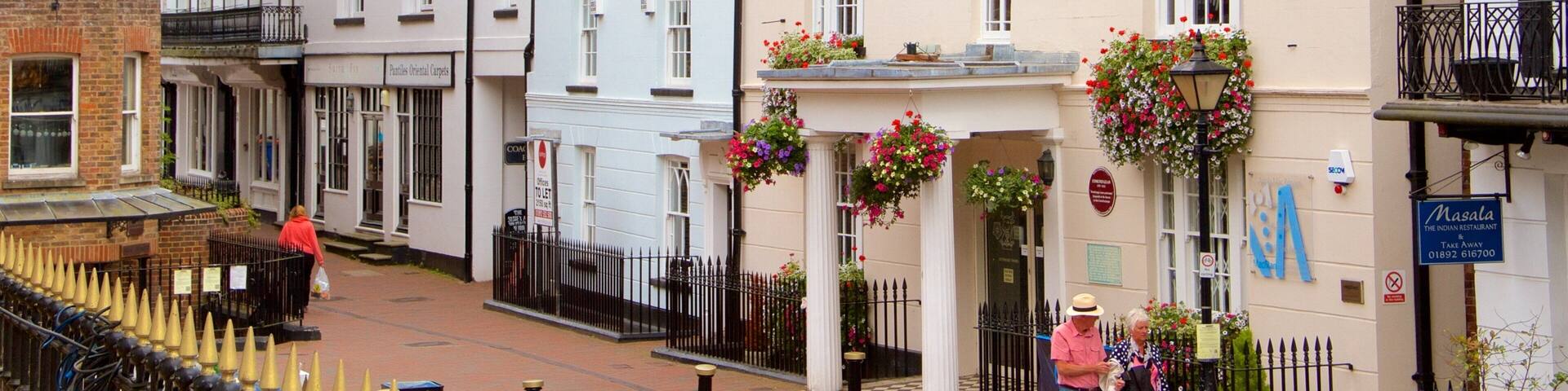 A street with white and beige buildings, a black iron fence, and hanging flower baskets.