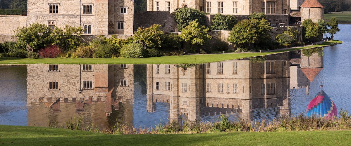 Leeds Castle Fortress England Moat Reflection and Hot Air Balloon