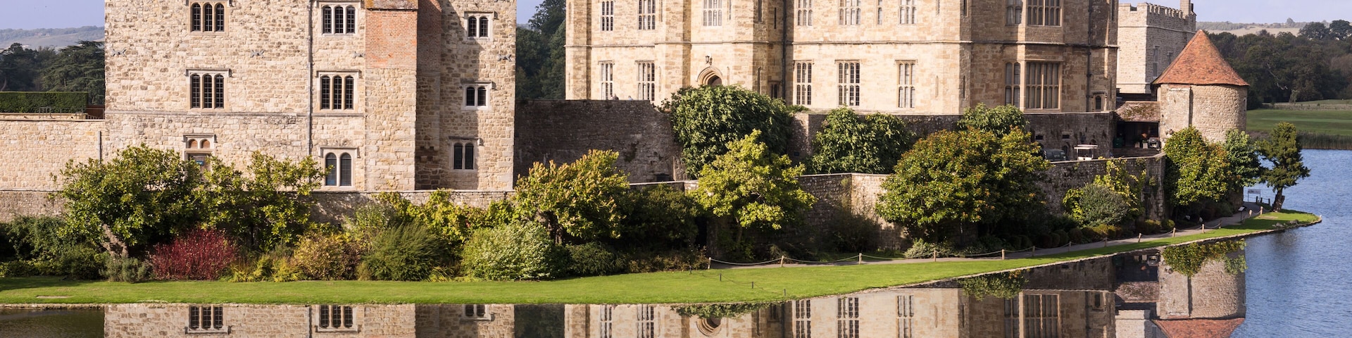 Leeds Castle Fortress England Moat Reflection and Hot Air Balloon