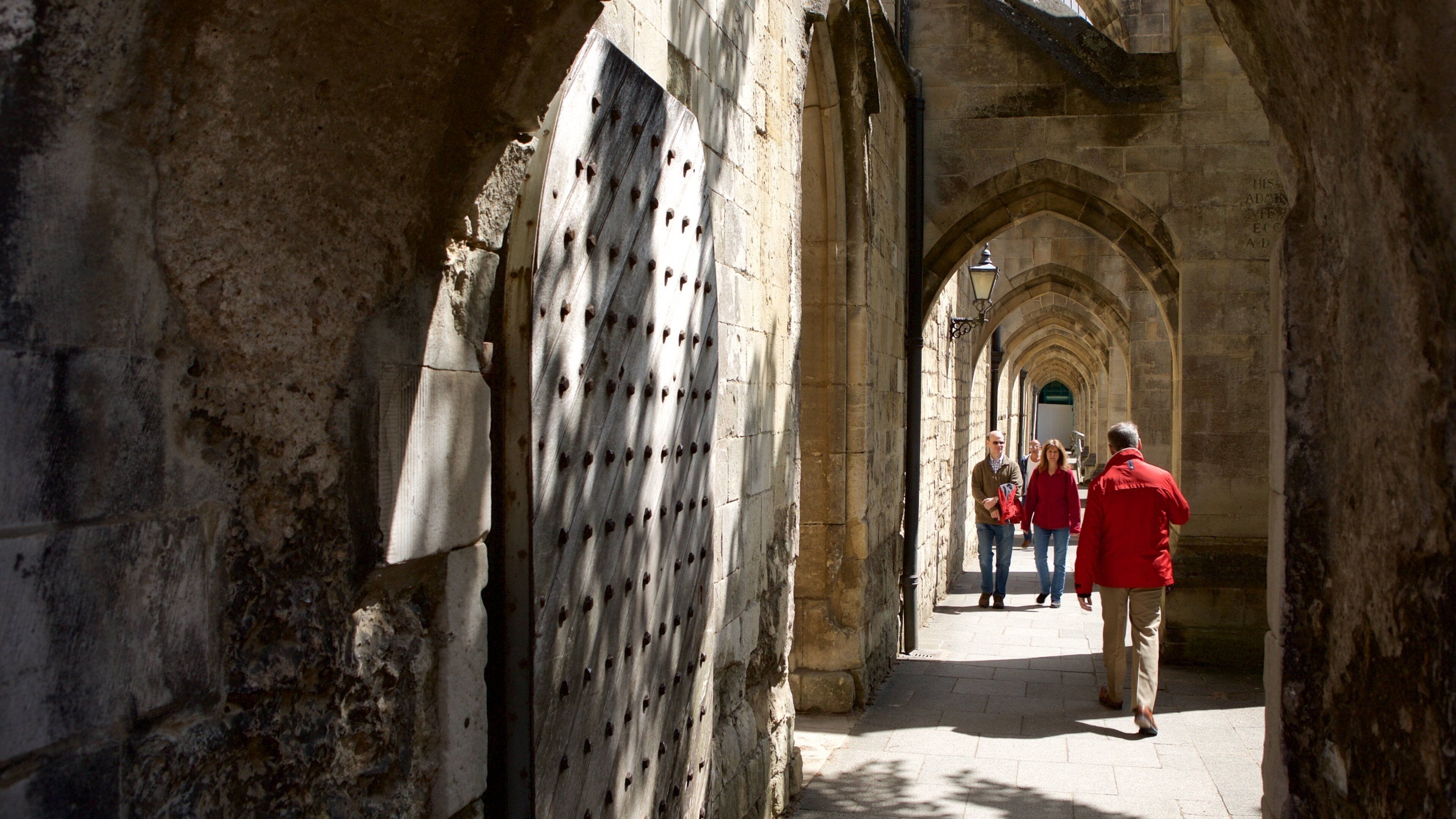 Winchester Cathedral featuring heritage architecture as well as a small group of people