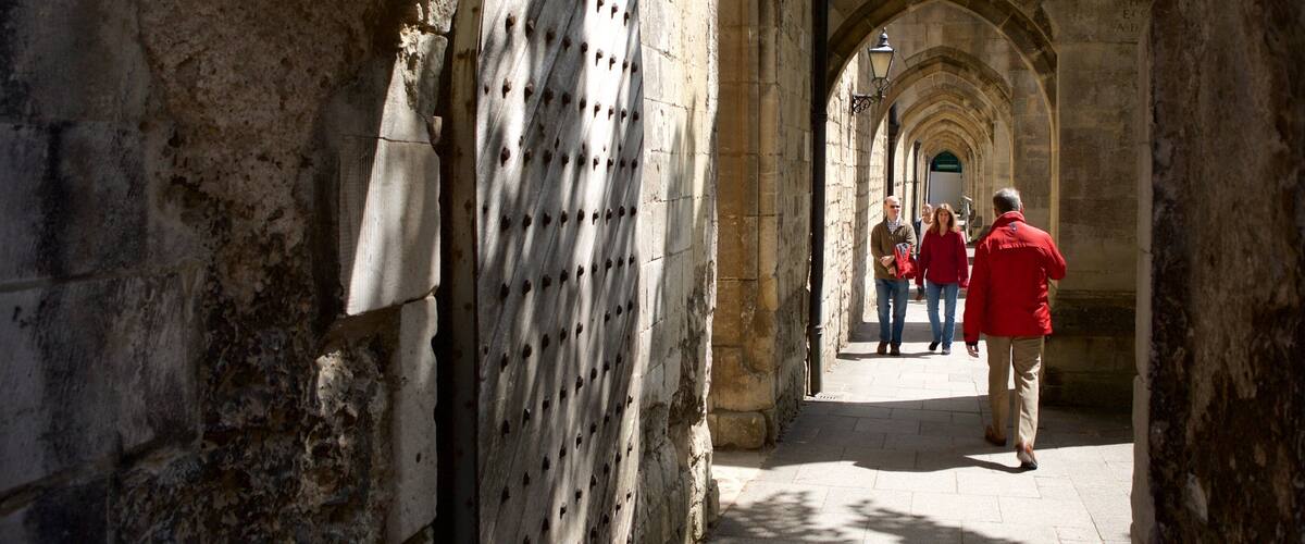 Winchester Cathedral featuring heritage architecture as well as a small group of people