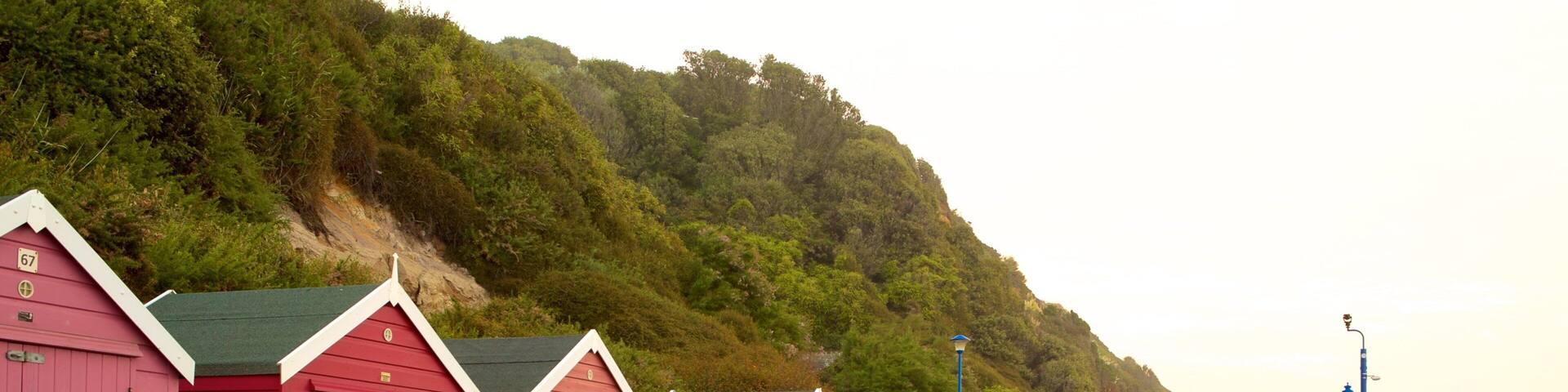 A row of red beach huts along a coastal road with a hillside in the background.