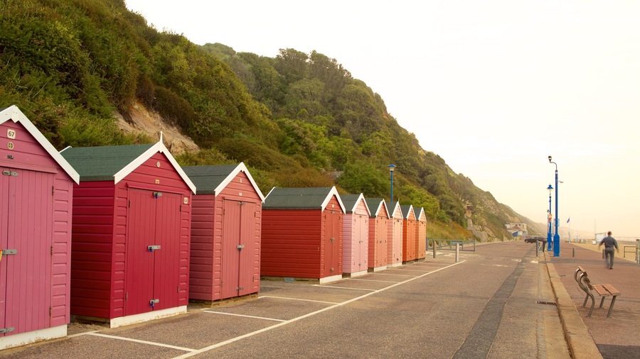 A row of red beach huts along a coastal road with a hillside in the background.