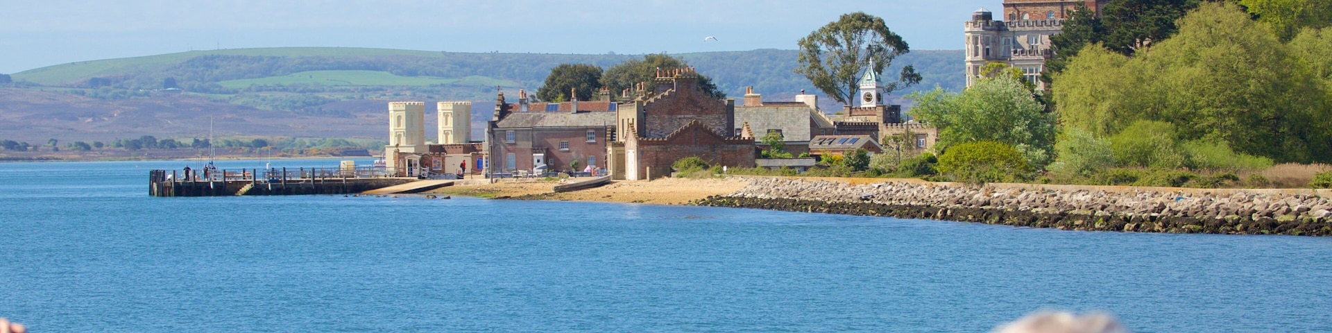 Brownsea Castle caratteristiche di architettura d\'epoca e fiume o ruscello