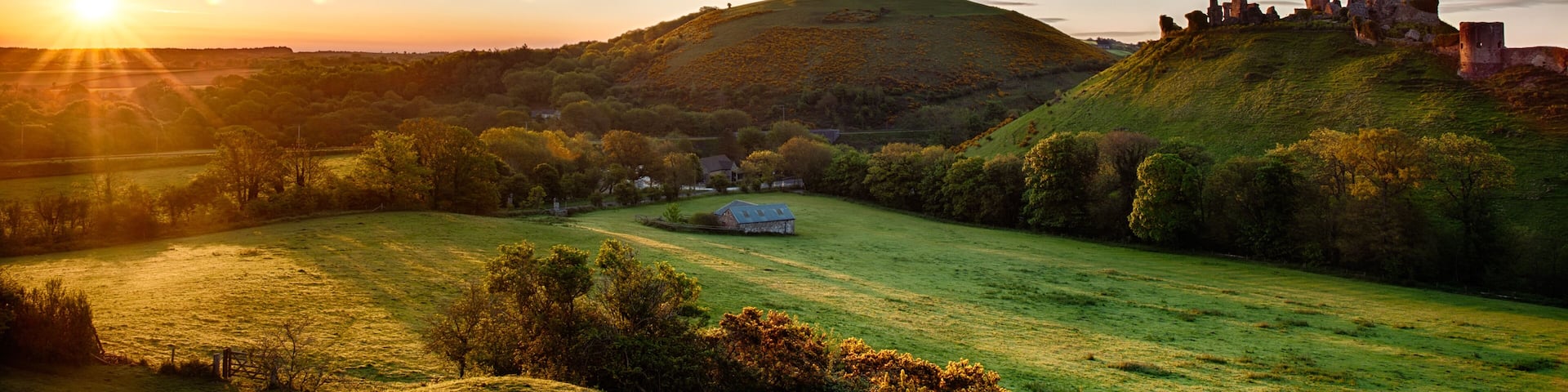 Corfe Castle sunrise panoramic Dorset England