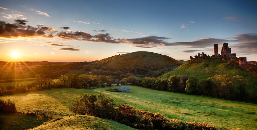 Corfe Castle sunrise panoramic Dorset England
