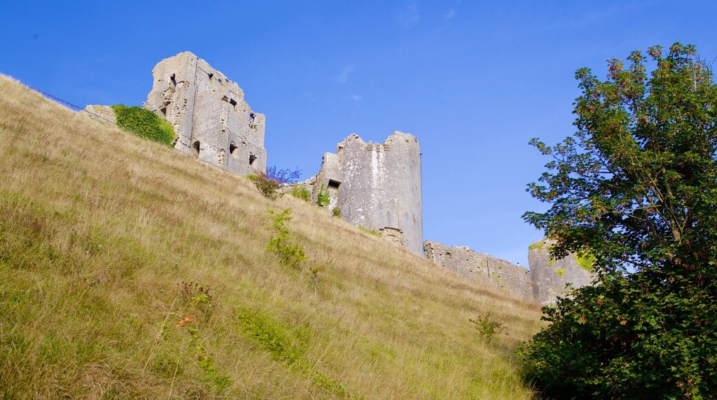 Corfe Castle featuring heritage elements, tranquil scenes and a ruin