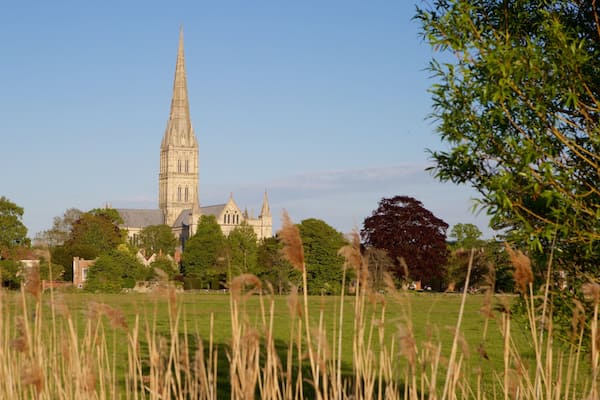 Salisbury Cathedral welches beinhaltet ruhige Szenerie und historische Architektur