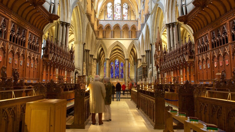Salisbury Cathedral featuring interior views, a church or cathedral and religious aspects