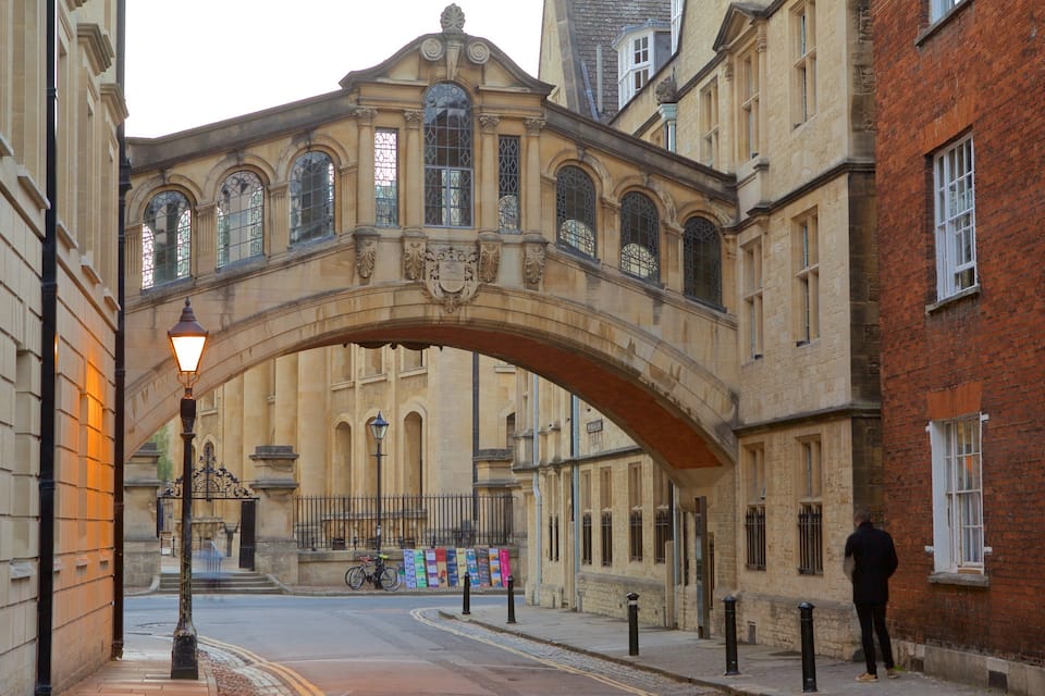 An arched bridge over a street with historic buildings.