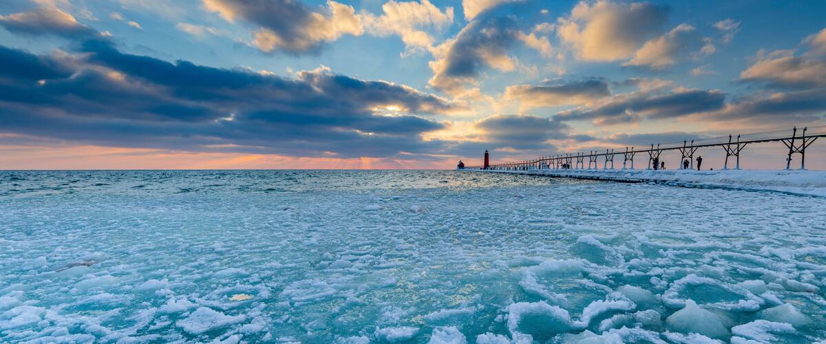 sunset over the pier, Grand Haven Lighthouse on Lake Michigan