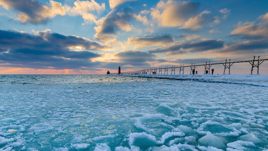 sunset over the pier, Grand Haven Lighthouse on Lake Michigan
