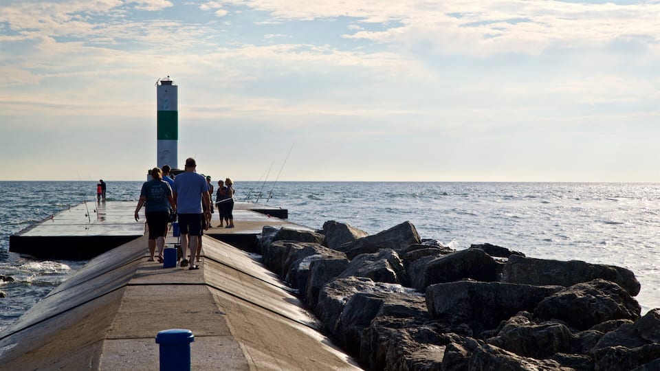 Holland State Park featuring a sunset and general coastal views as well as a small group of people