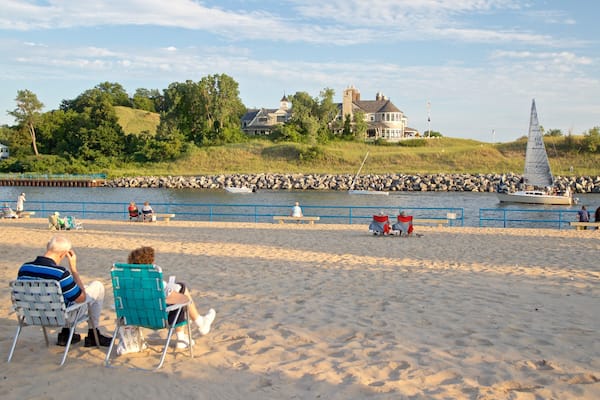 Holland State Park welches beinhaltet Sandstrand und allgemeine Küstenansicht sowie Paar