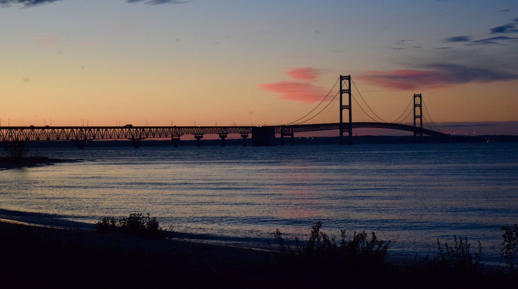 The Mackinac Bridge spans the Straits of Mackinac, connecting lower and upper Michigan. Lake Huron is in the foreground and Lake Michigan is in the background behind the bridge. I liked the patterns created by the bridge structure. #patterns #michigan #bridges #AquaTrove #blue #Nature
