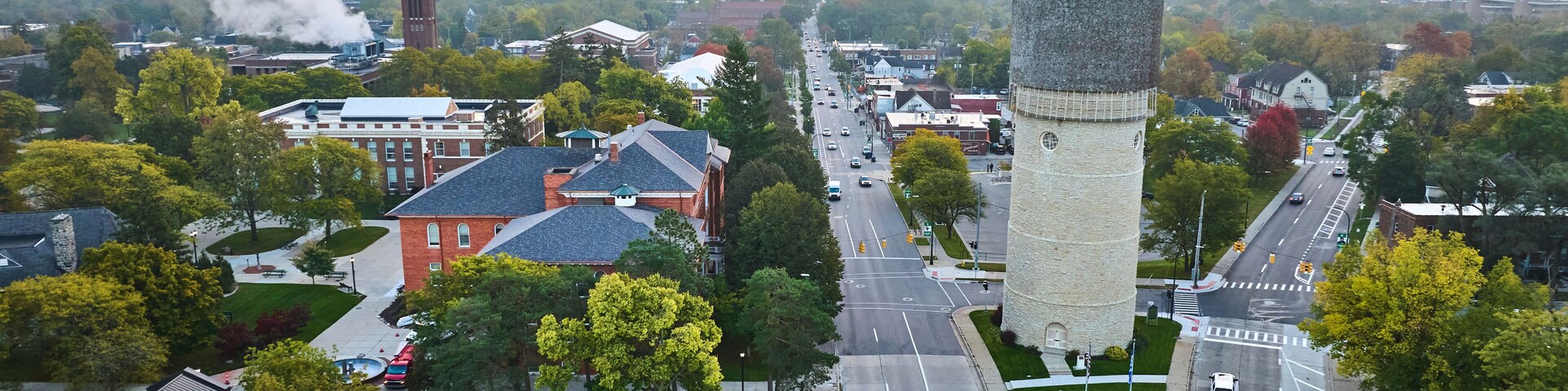 Aerial View of Ypsilanti Water Tower at Sunrise, Suburban Street