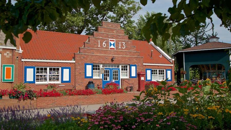 Windmill Island showing a small town or village and wildflowers