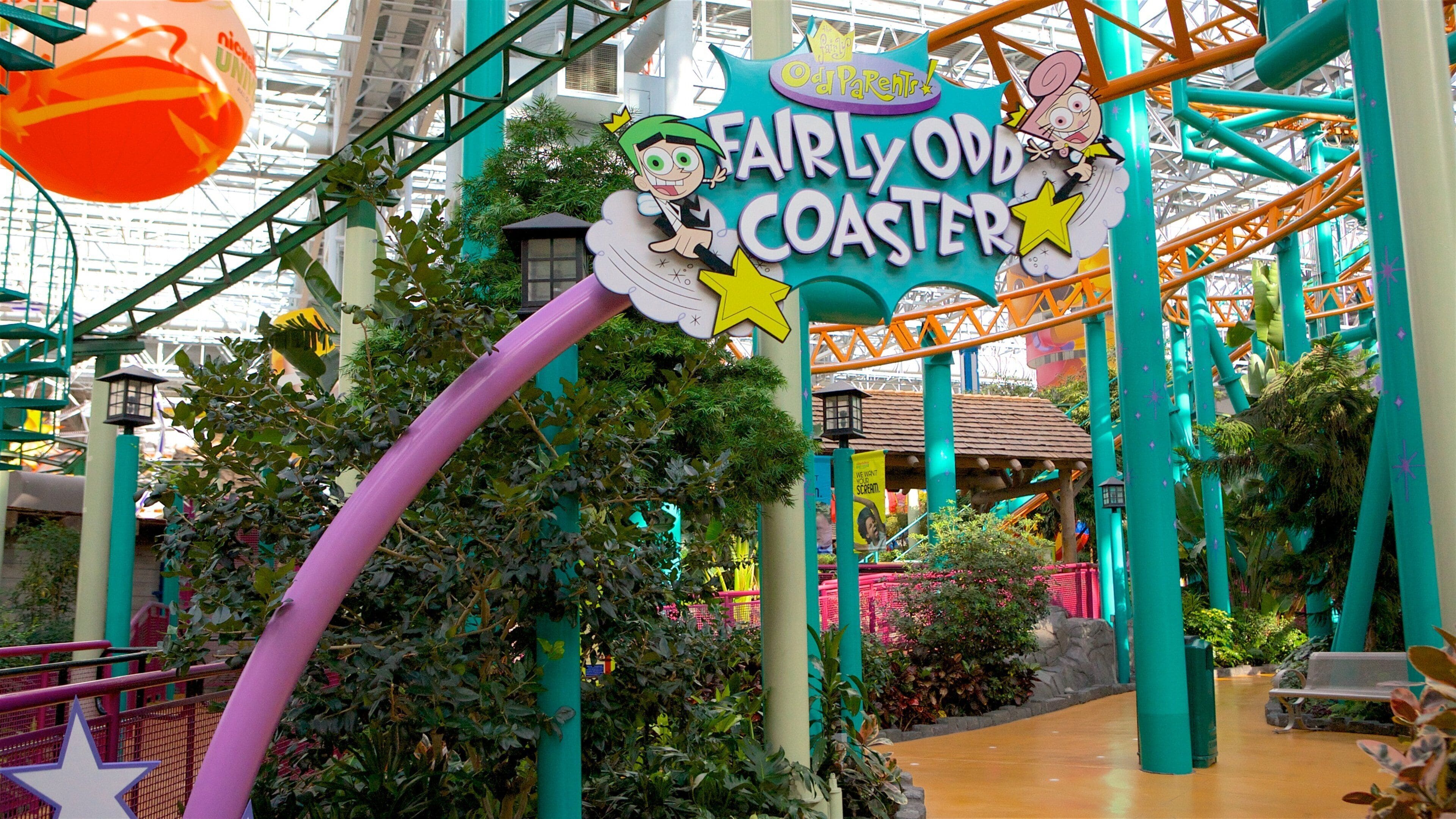 Nickelodeon Universe featuring rides and signage