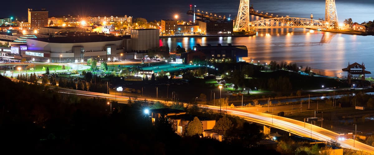 Duluth Minnesota Aerial Lift Bridge and Canal Park at Night on the Shore of Lake Superior