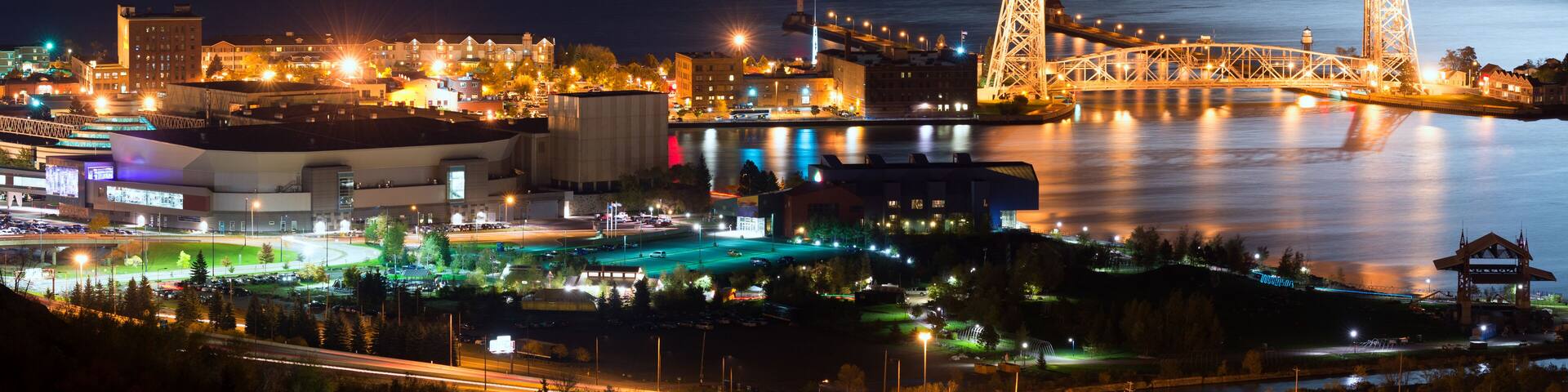 Duluth Minnesota Aerial Lift Bridge and Canal Park at Night on the Shore of Lake Superior