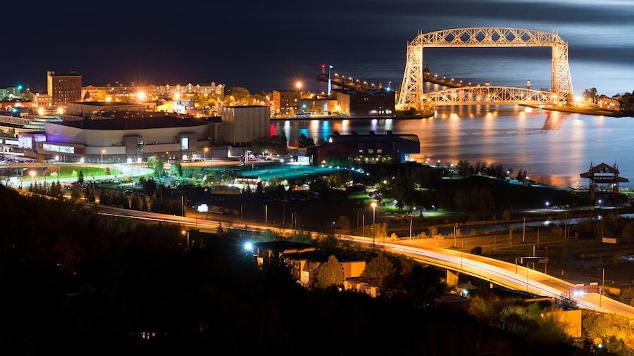 Duluth Minnesota Aerial Lift Bridge and Canal Park at Night on the Shore of Lake Superior