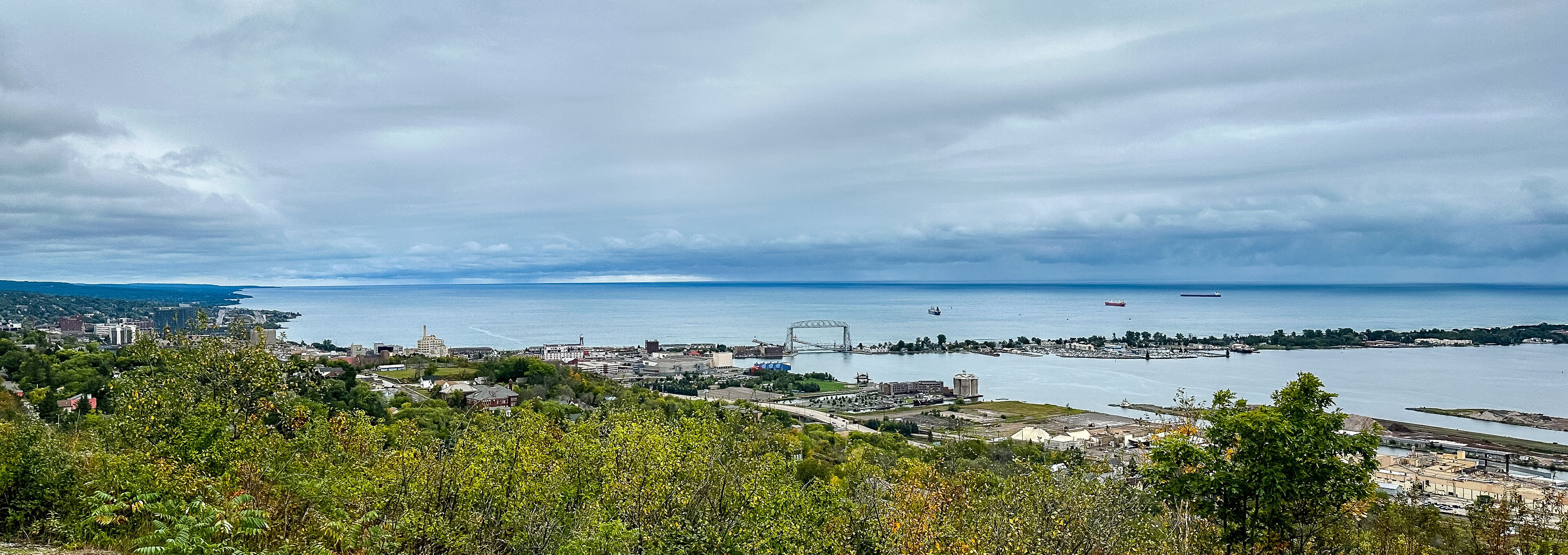 A view of Duluth, Minnesota and Lake Superior, as seen from Enger Park on a cloudy day.
