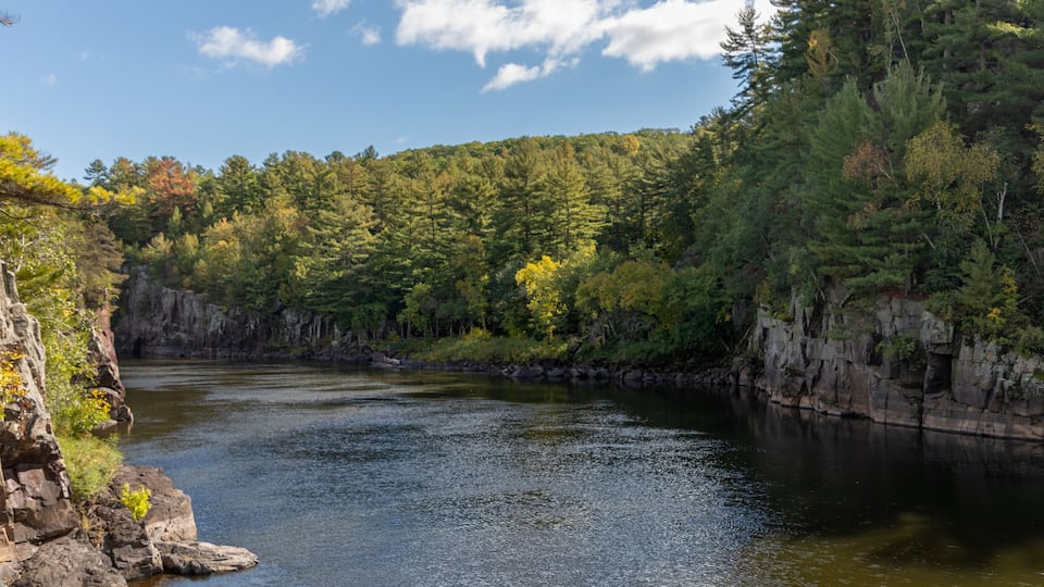 A river flowing through a forested valley with rocky cliffs on one side.
