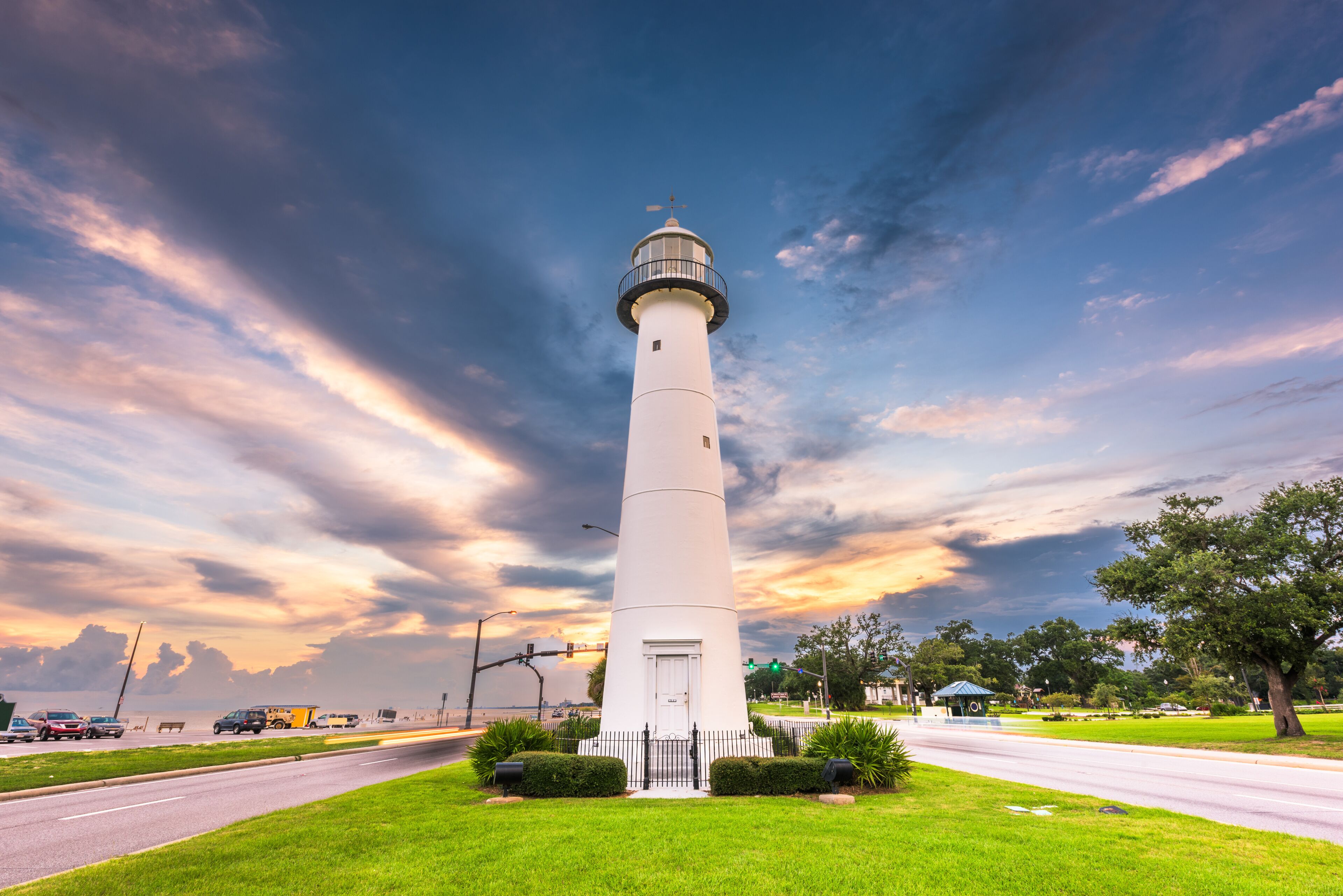 Biloxi Lighthouse in Mississippi at sunset