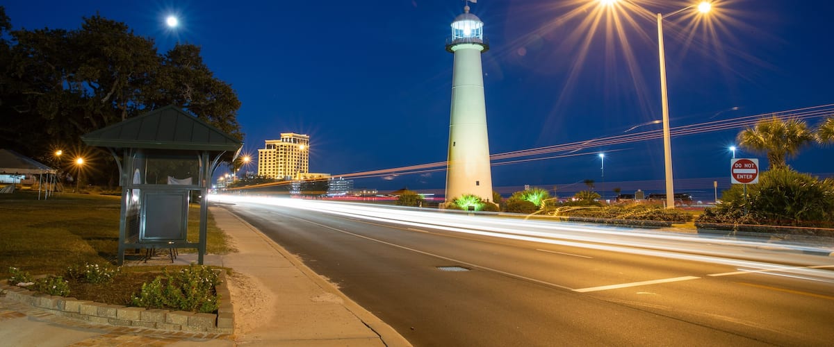Biloxi Lighthouse featuring night scenes and a lighthouse