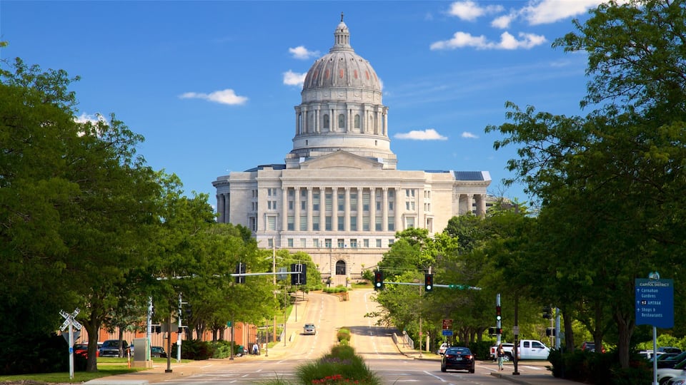 A large government building with a dome, surrounded by trees and a clear blue sky.