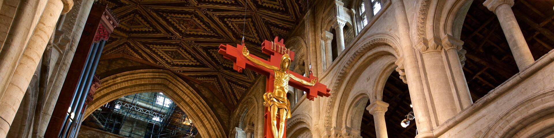 Peterborough Cathedral featuring interior views, a church or cathedral and religious aspects