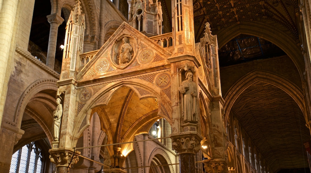 Peterborough Cathedral which includes interior views, a church or cathedral and heritage elements