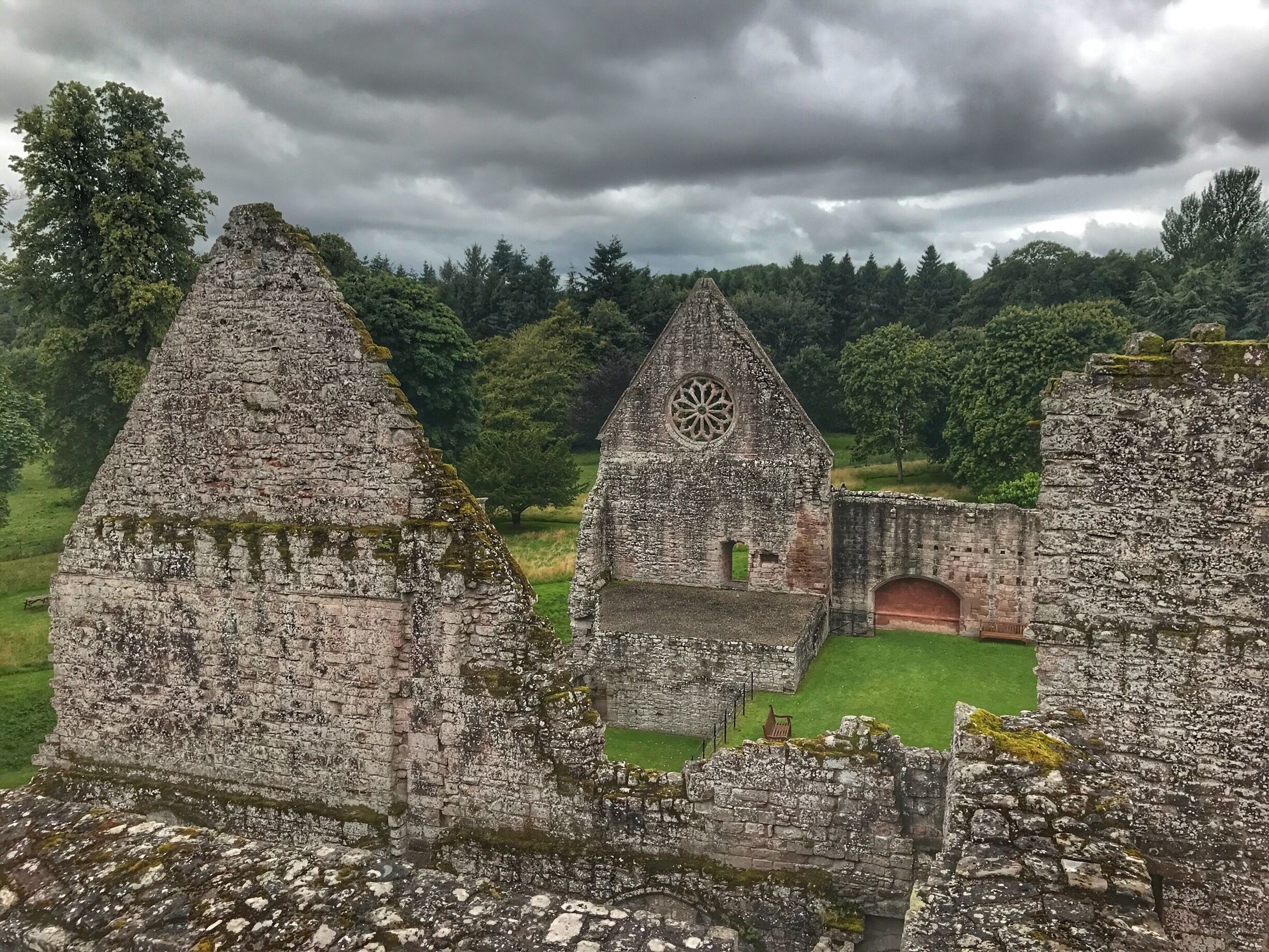 A view from the top of a VERY narrow staircase at Dryburgh Abbey. 