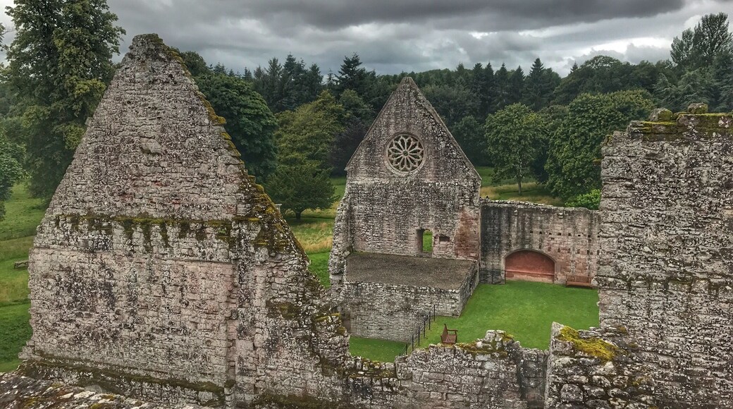 A view from the top of a VERY narrow staircase at Dryburgh Abbey.